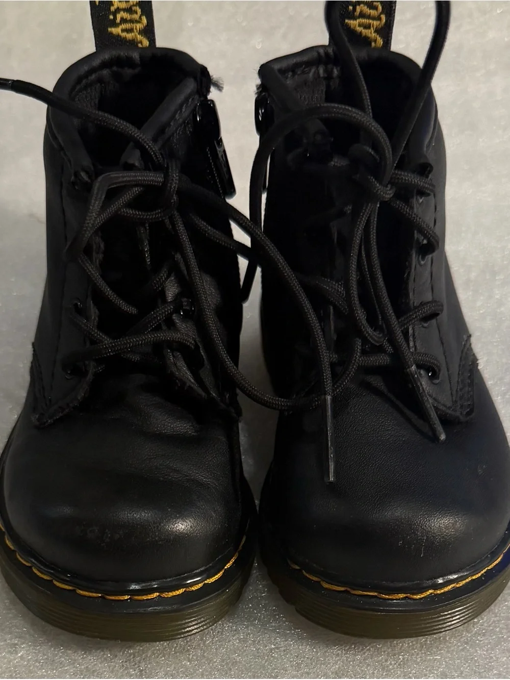 Dr. Martens Black Kids Lace-Up Ankle Boots with Yellow Stitching